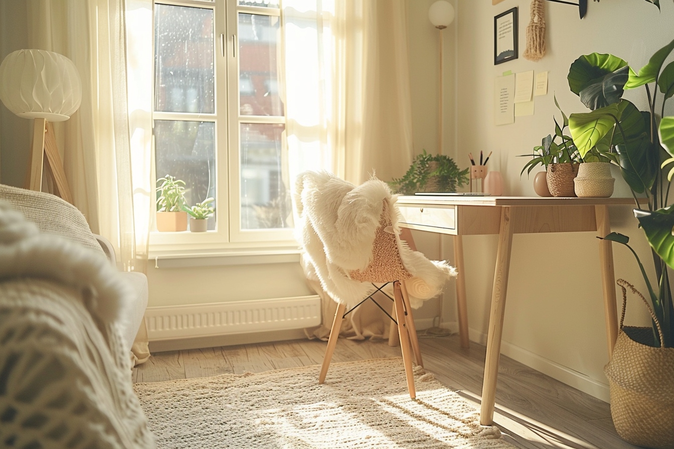 Aménagement d'un coin bureau fonctionnel et élégant dans un petit appartement, maximisant l'espace disponible.