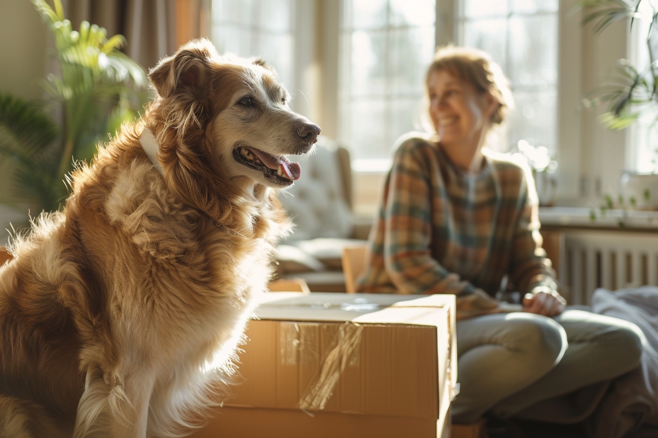 Vieux chien heureux se reposant dans sa nouvelle maison à Cusset après un déménagement sans stress