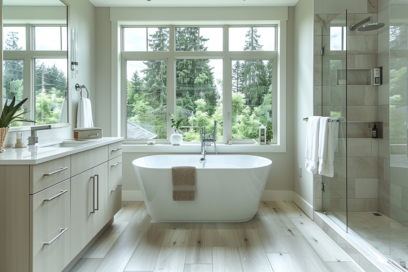 Alt d'image: "Salle de bain moderne et rénovée augmentant la valeur immobilière à Cusset avant déménagement.